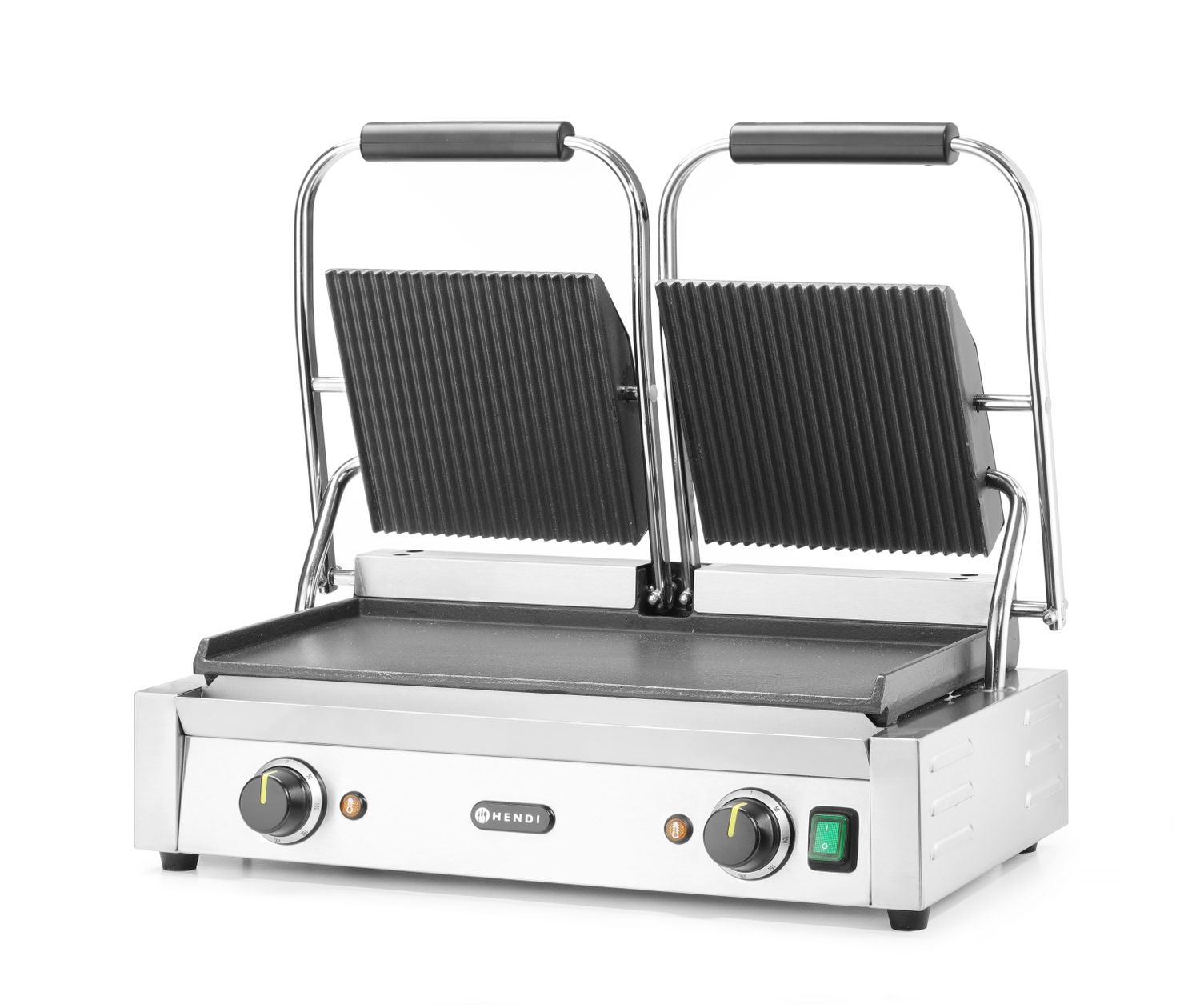 Kontaktgrill - kahepoolne, HENDI, sooneline pealmine ja sile alumine külg, 230V/3600W, 570x375x(H)216mm