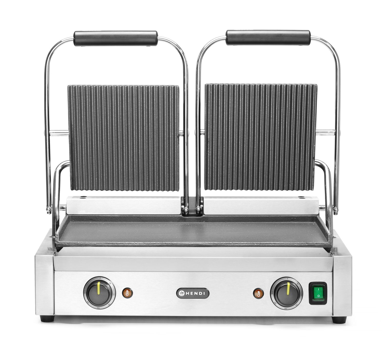 Kontaktgrill - kahepoolne, HENDI, sooneline pealmine ja sile alumine külg, 230V/3600W, 570x375x(H)216mm