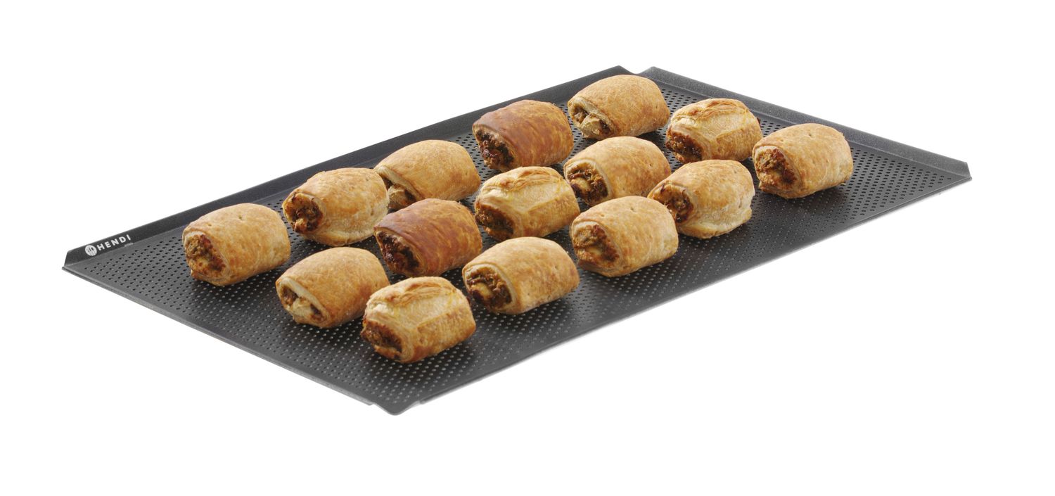 Perforeeritud mittenakkuva kattega küpsetusplaat, 4 servaga, HENDI, Must, 600x400x(H)10mm, Ristkülikukujuline
