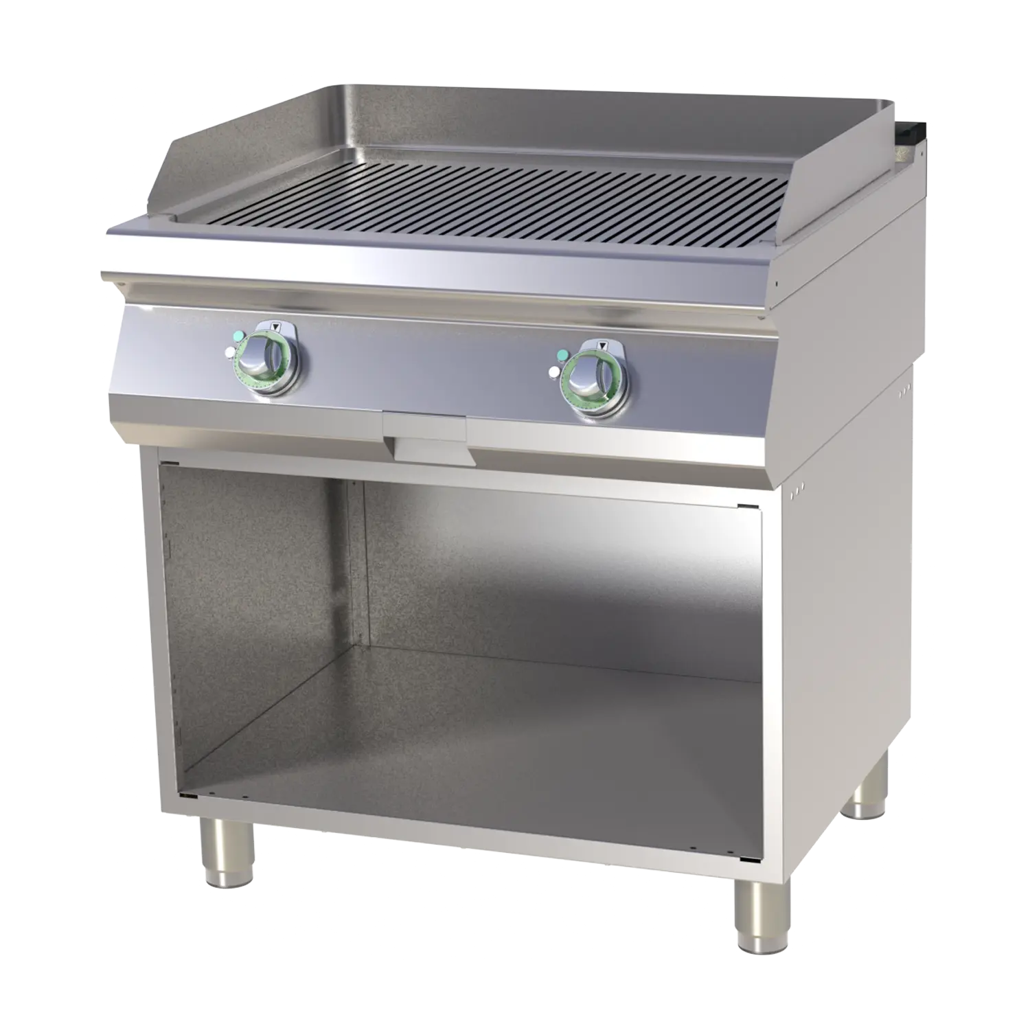 Fry-top griddle plate grooved on open cabinet RM FTR 780 E